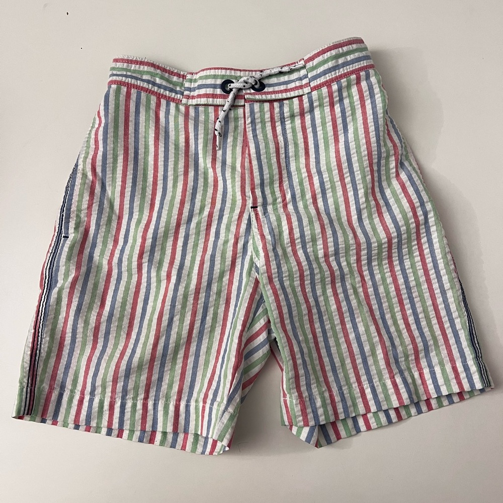 Mini Boden boys seersucker swim trunks striped 9-10